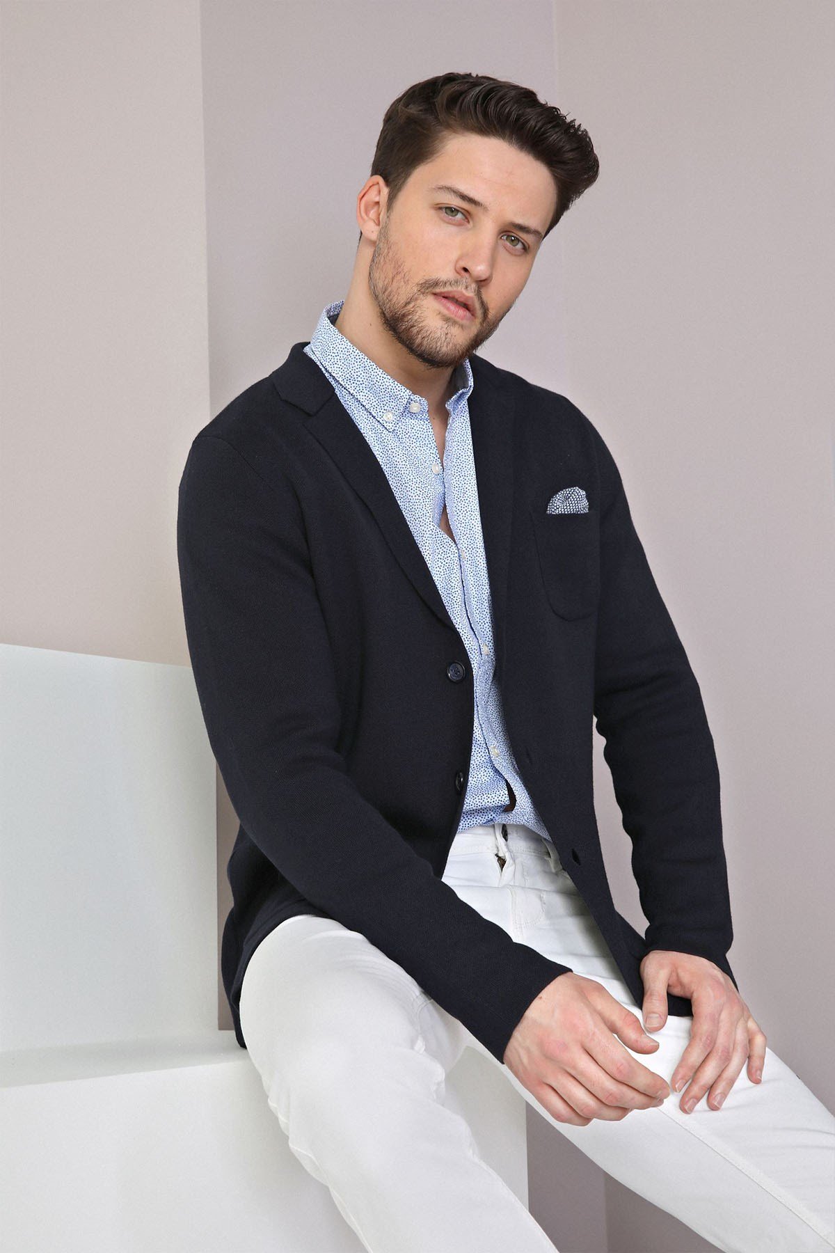 Ferraro Üç Düğmeli İnce Pamuk Triko Ceket - Lacivert