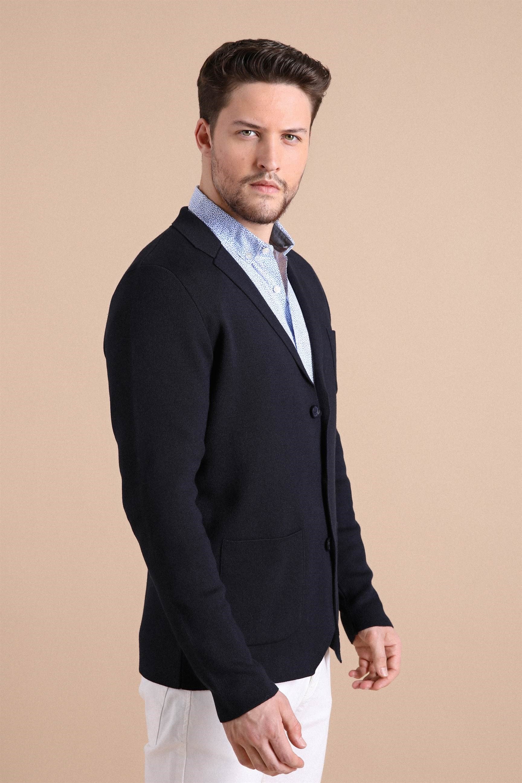 Ferraro Üç Düğmeli İnce Pamuk Triko Ceket - Lacivert