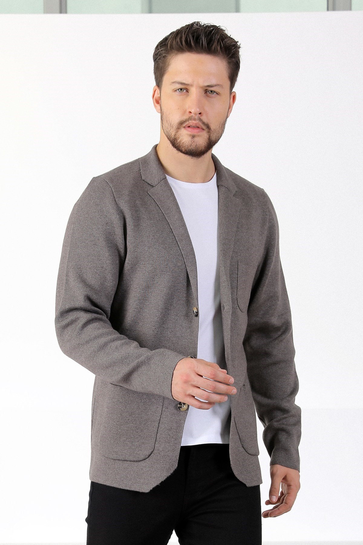 Ferraro Üç Düğmeli İnce Pamuk Triko Ceket - Kahve Melanj