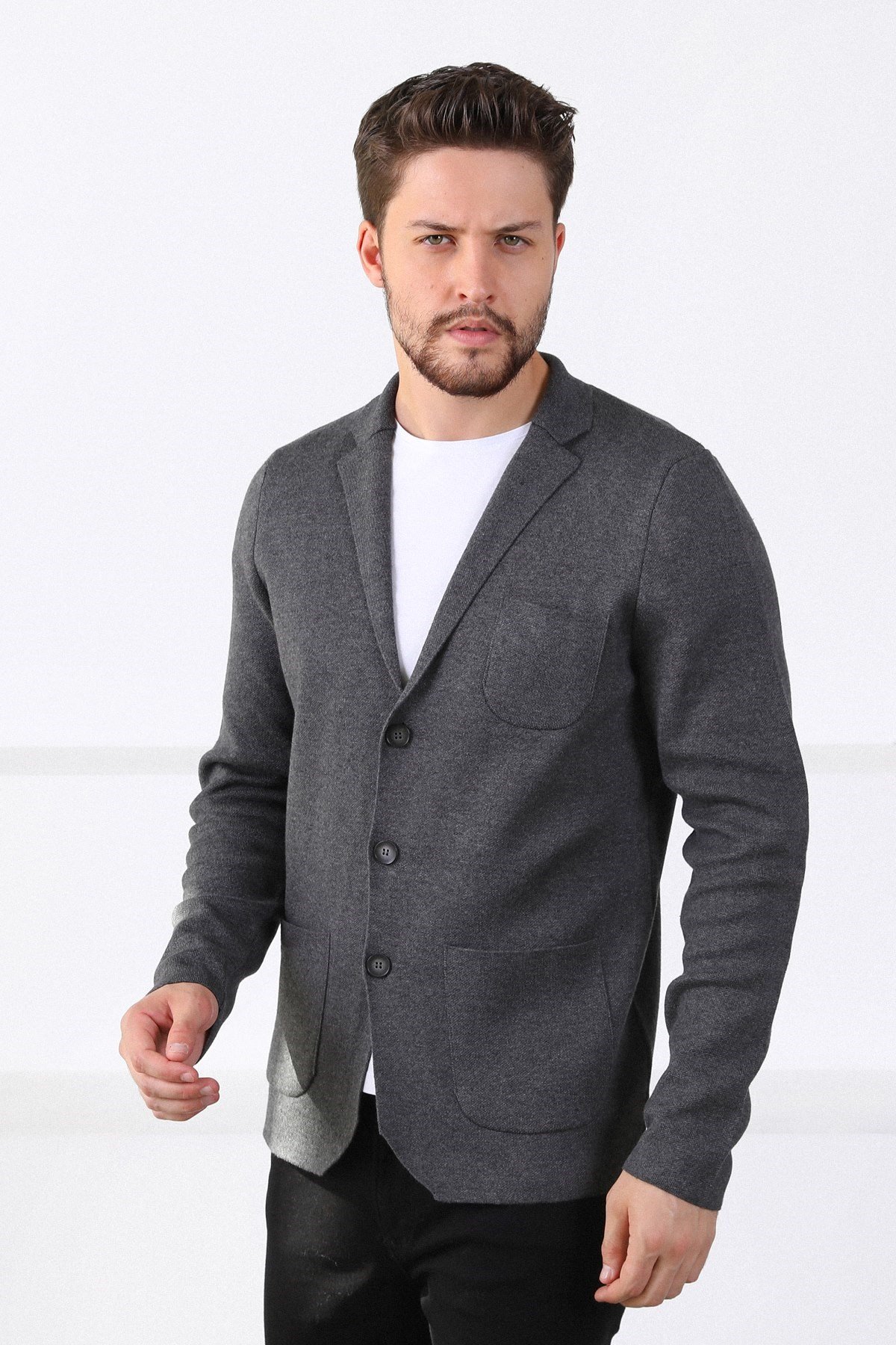 Ferraro Üç Düğmeli İnce Pamuk Triko Ceket - Antrasit