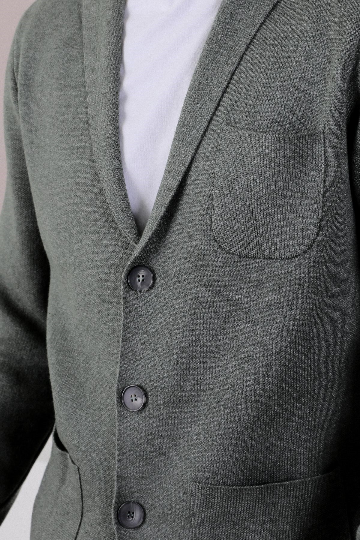 Ferraro Üç Düğmeli İnce Pamuk Triko Ceket - Haki Melanj