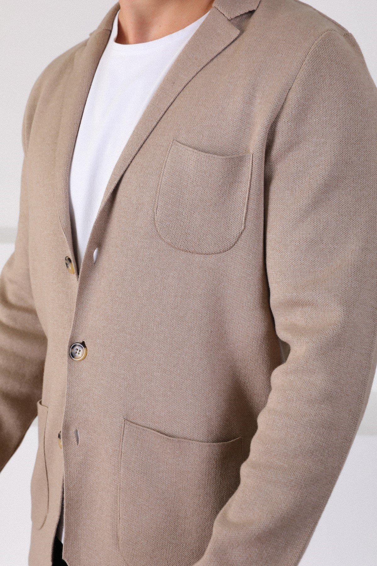 Ferraro Üç Düğmeli İnce Pamuk Triko Ceket - Bej