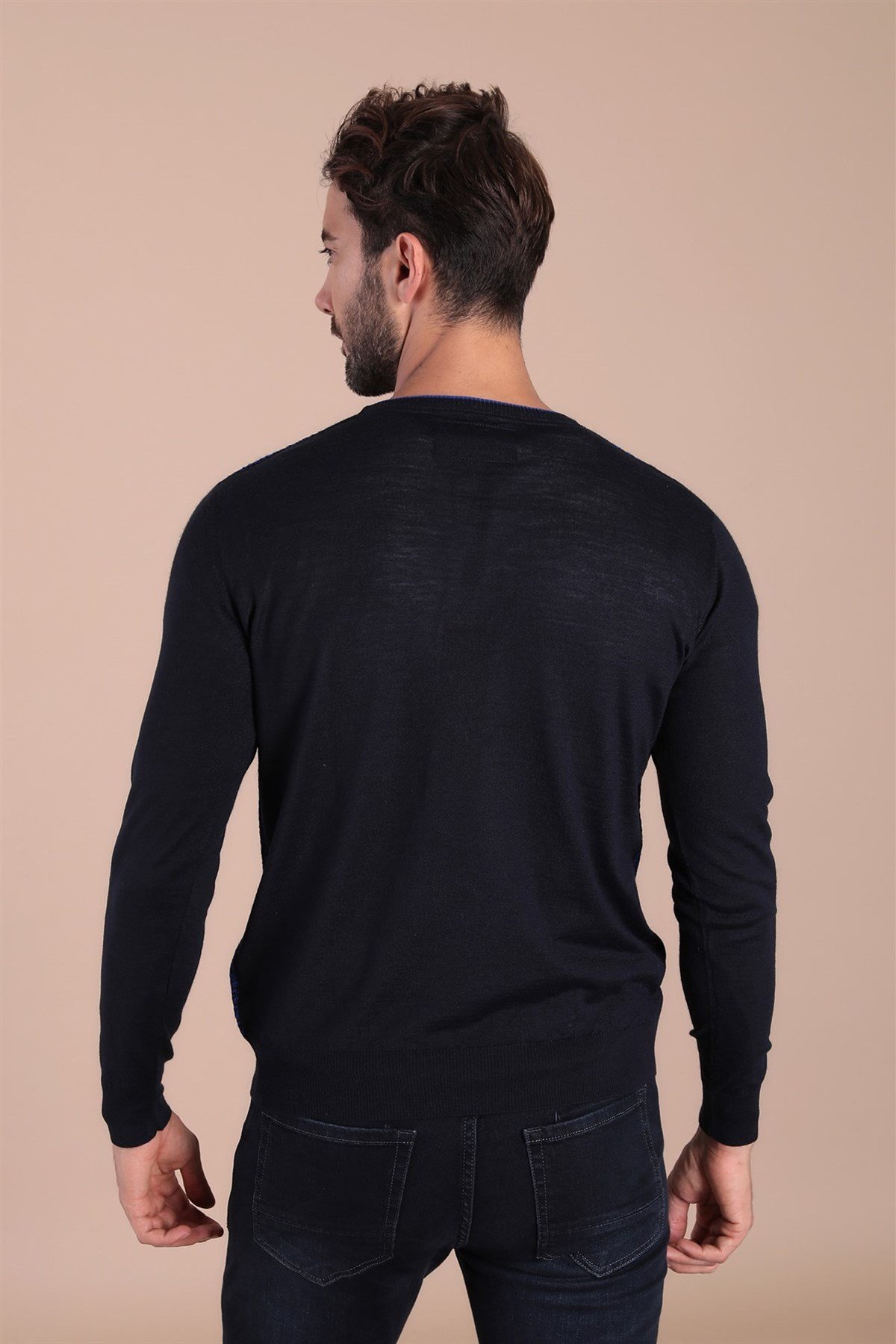 Ferraro V Yaka Superfine Yün Kazak - Lacivert