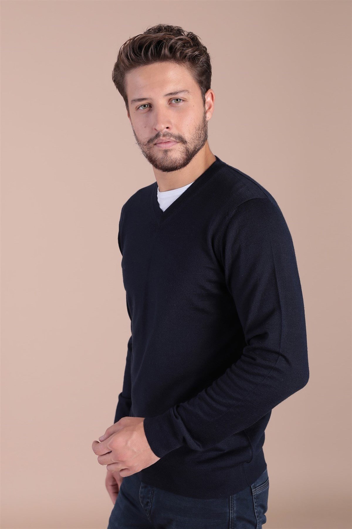 Ferraro V Yaka Superfine Yün Kazak - Lacivert