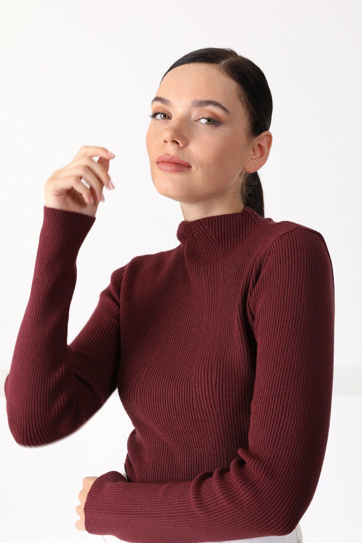 Ferraro Vişne Modern Yaka Uzun Kol Kadın Triko Kazak