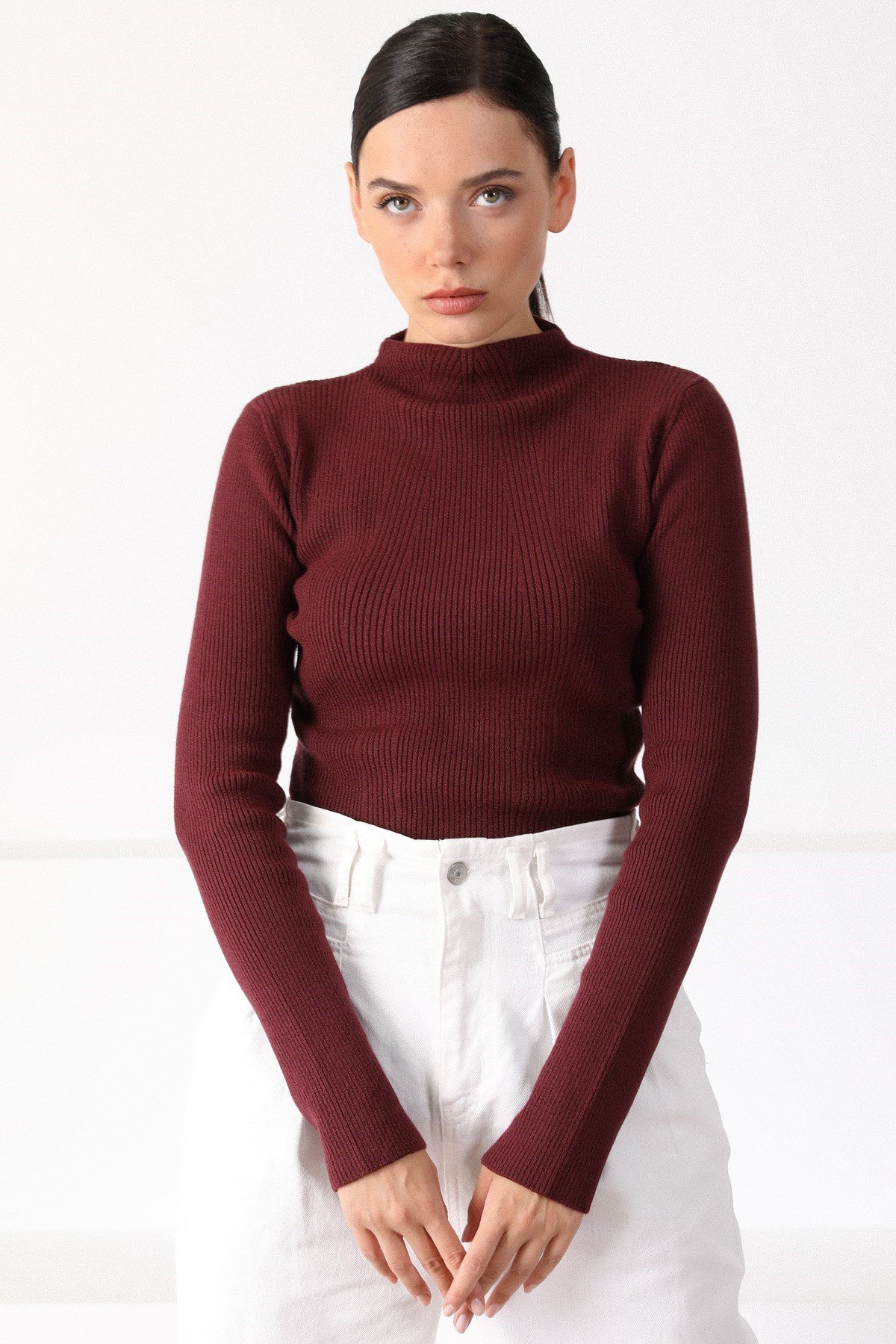 Ferraro Vişne Modern Yaka Uzun Kol Kadın Triko Kazak