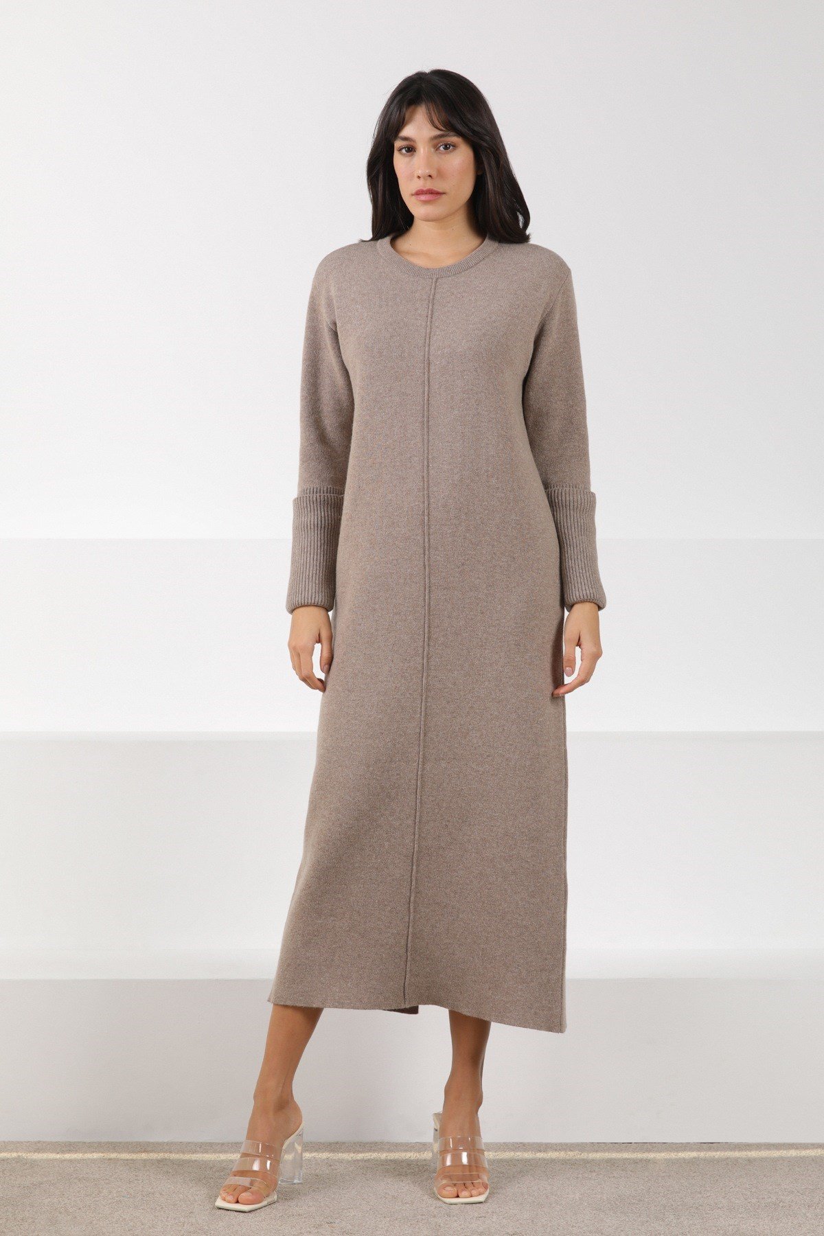 Ferraro Vizon Arkadan Yırtmaçlı Midi Boy Kaşmirli Kadın Triko Elbise