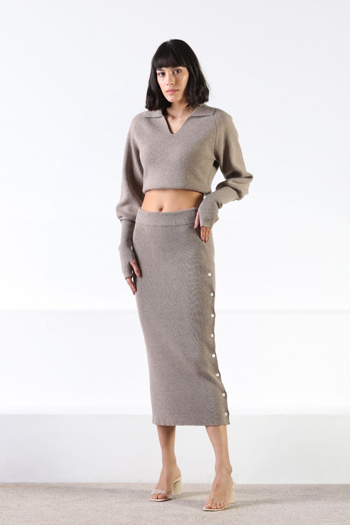 Ferraro Vizon Düğmeli Kaşmirli Kadın Triko Etek