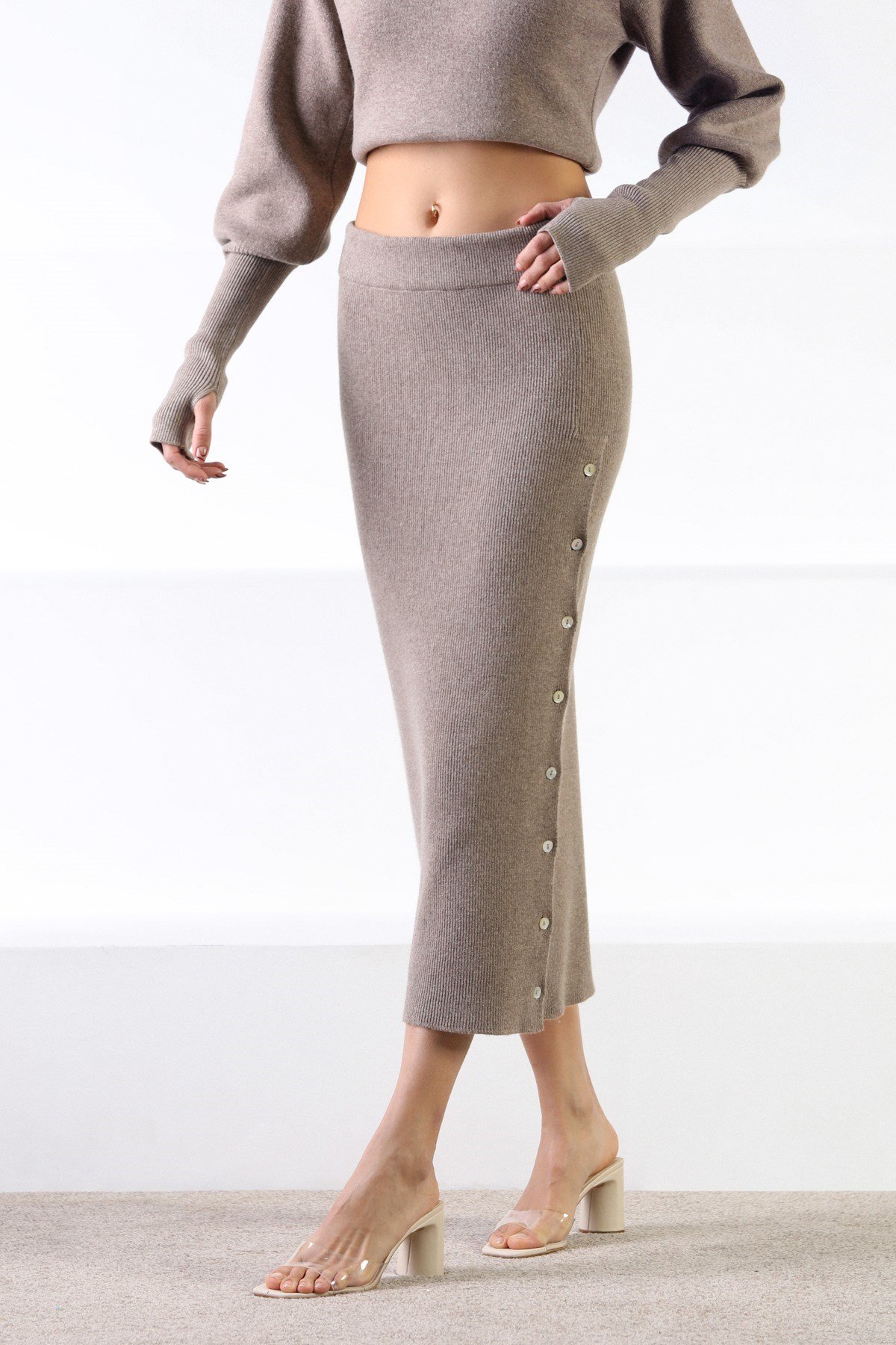 Ferraro Vizon Düğmeli Kaşmirli Kadın Triko Etek