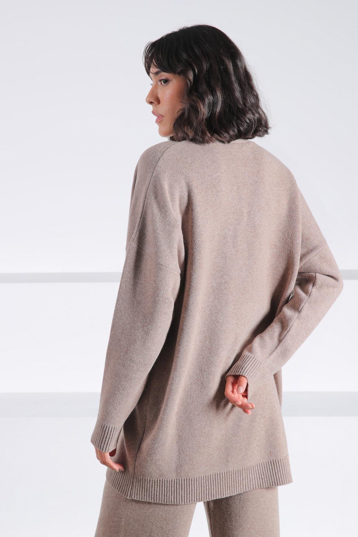 Ferraro Vizon Uzun Kollu Ceket Yaka Kaşmirli Kadın Triko Ceket