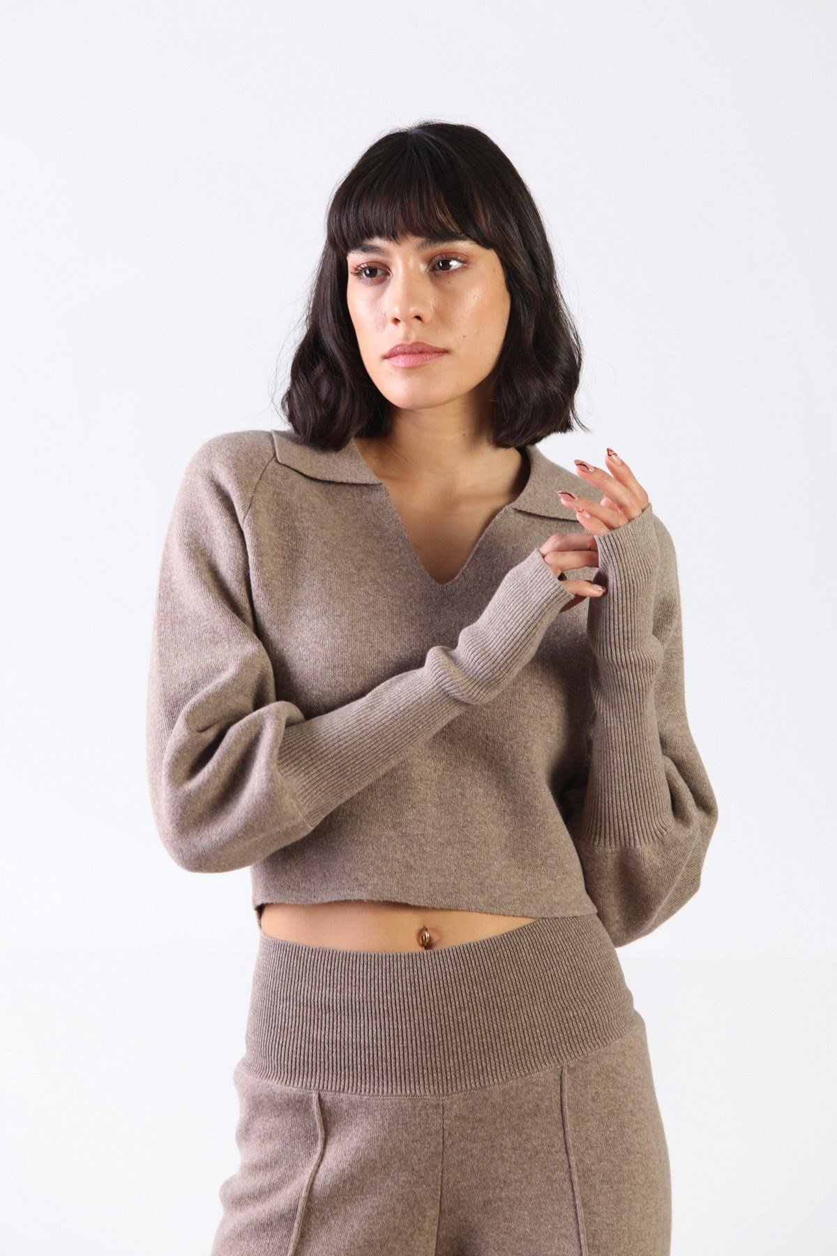 Ferraro Vizon Uzun Kollu Gömlek Yaka Kaşmirli Kadın Triko Kazak