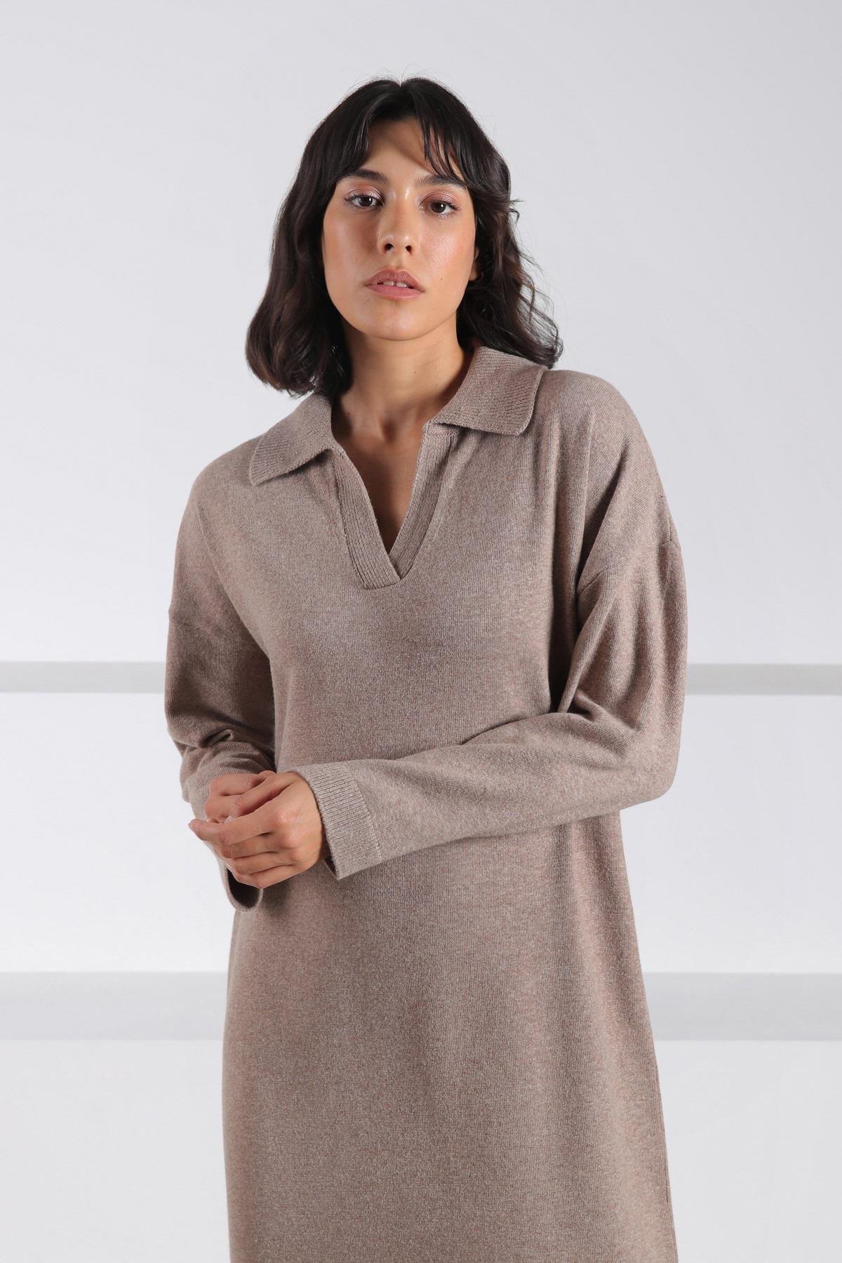 Ferraro Vizon Uzun Kollu Polo Yaka Kadın Triko Elbise