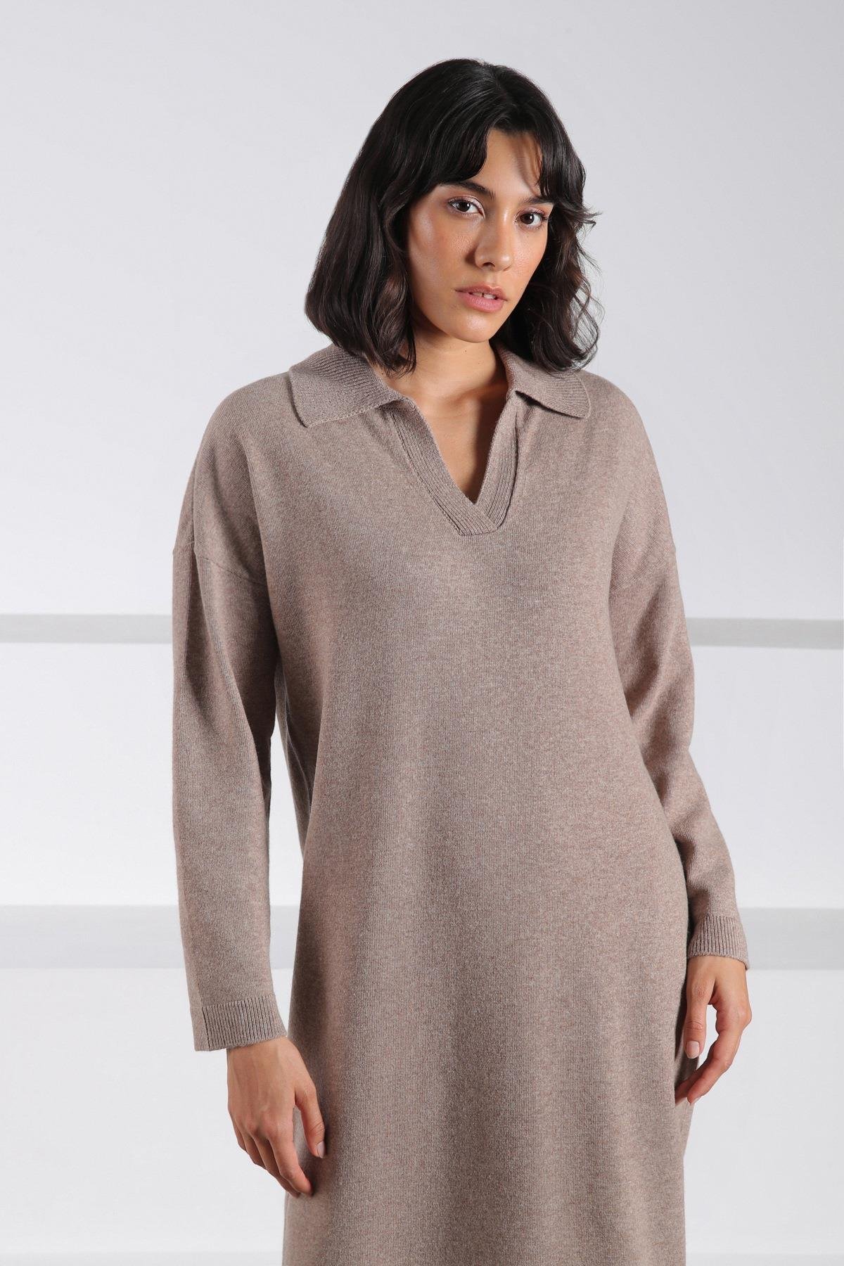 Ferraro Vizon Uzun Kollu Polo Yaka Kadın Triko Elbise