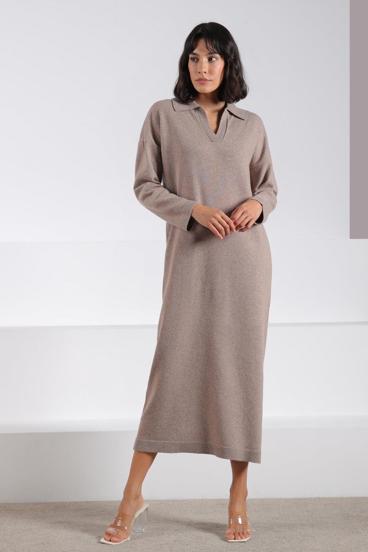 Ferraro Vizon Uzun Kollu Polo Yaka Kadın Triko Elbise