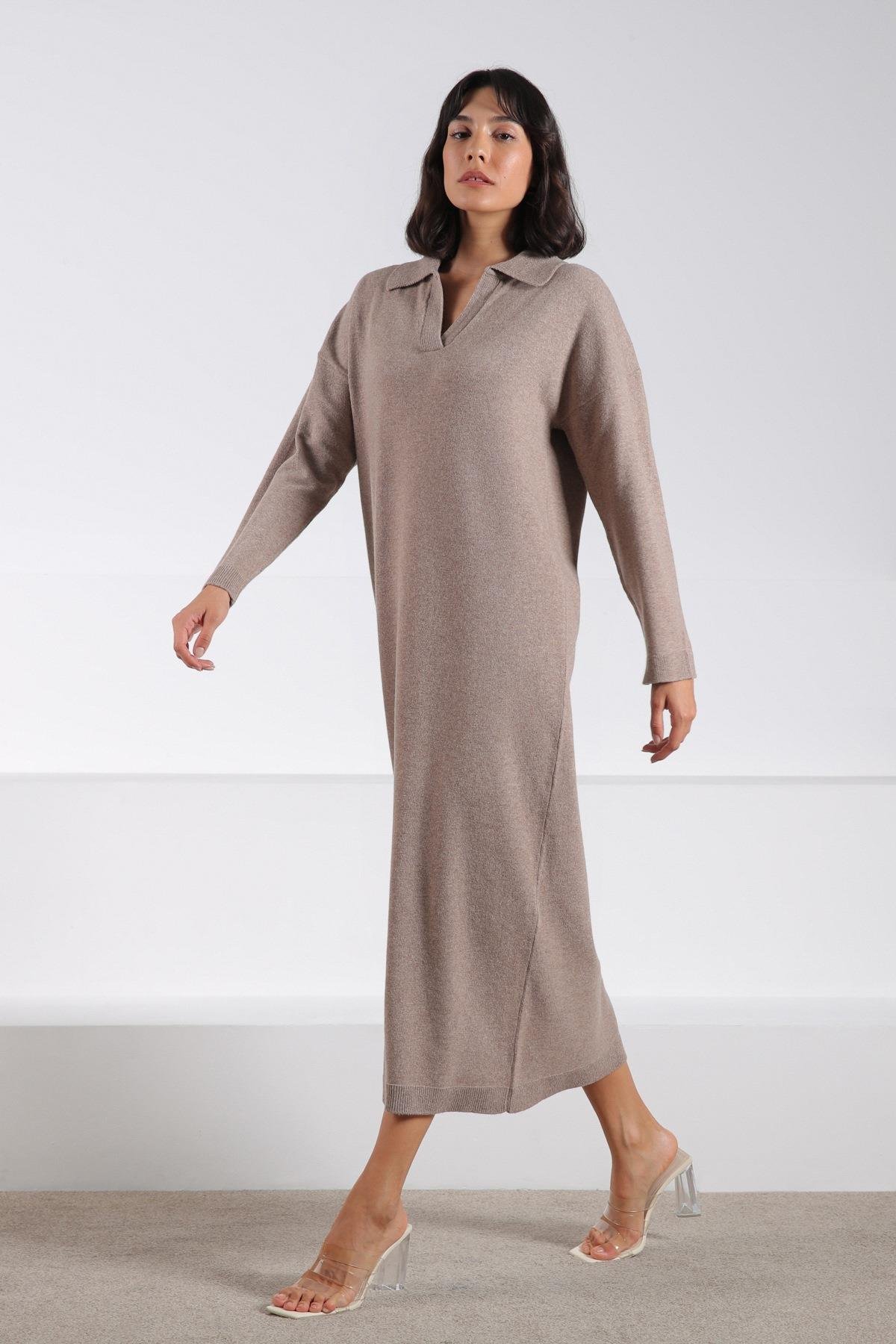 Ferraro Vizon Uzun Kollu Polo Yaka Kadın Triko Elbise