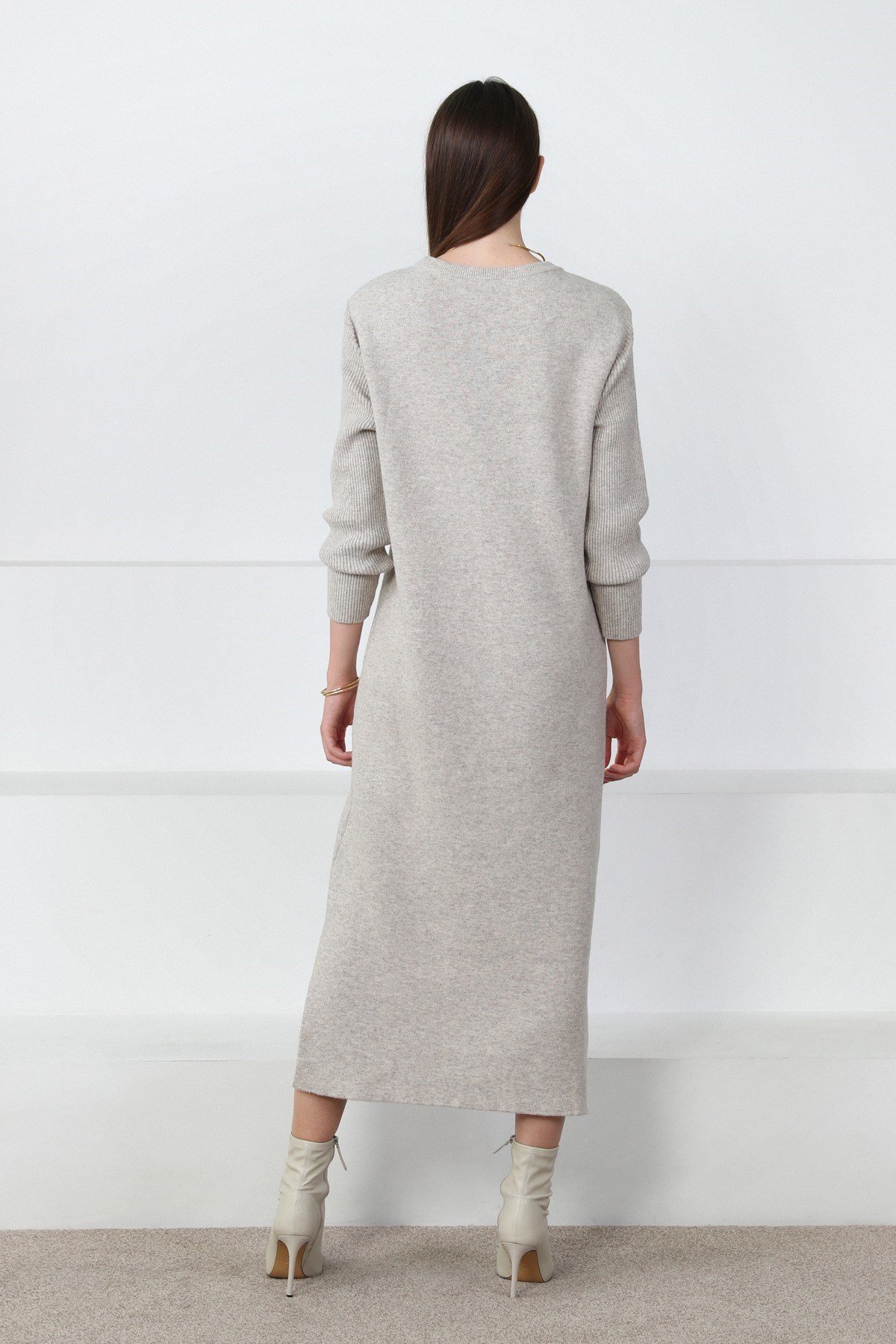 Ferraro Vizon Yandan Yırtmaçlı Midi Boy Kaşmirli Kadın Triko Elbise