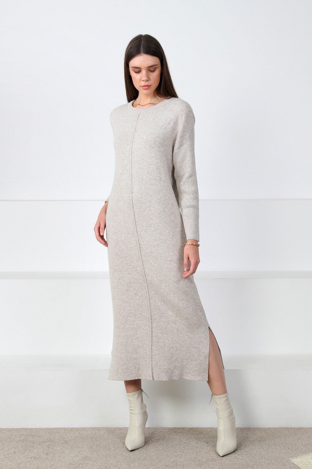 Ferraro Vizon Yandan Yırtmaçlı Midi Boy Kaşmirli Kadın Triko Elbise