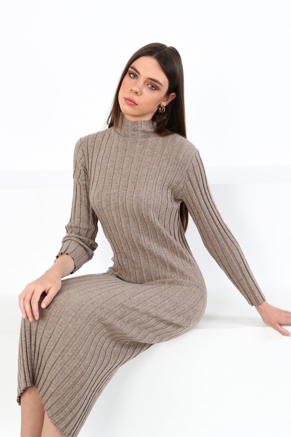 Ferraro Vizon Yarım Balıkçı Fitilli Midi Boy Kaşmirli Kadın Triko Elbise