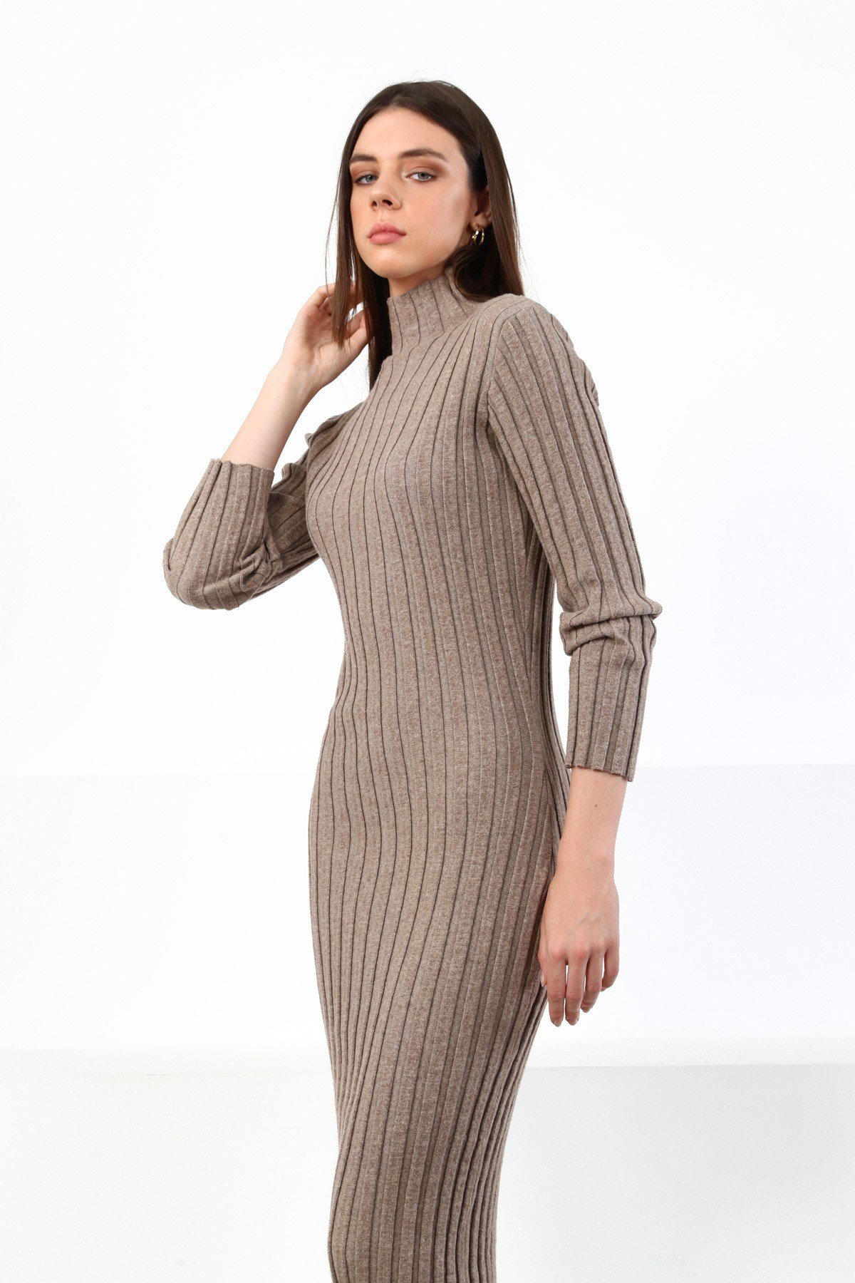 Ferraro Vizon Yarım Balıkçı Fitilli Midi Boy Kaşmirli Kadın Triko Elbise