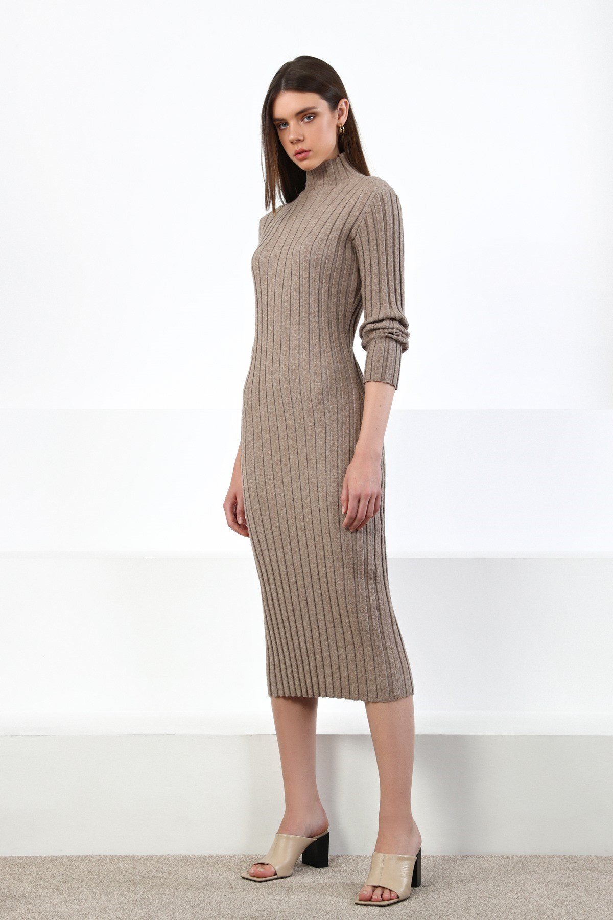 Ferraro Vizon Yarım Balıkçı Fitilli Midi Boy Kaşmirli Kadın Triko Elbise