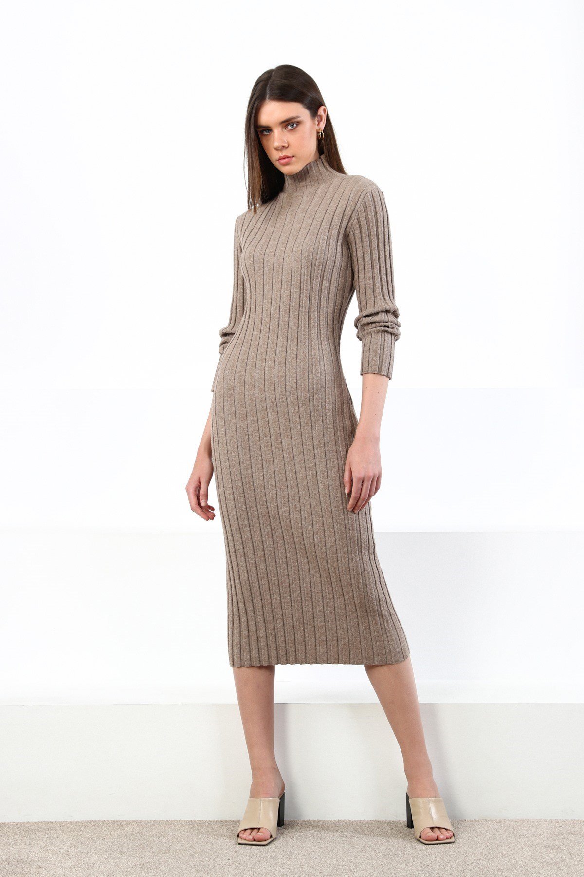 Ferraro Vizon Yarım Balıkçı Fitilli Midi Boy Kaşmirli Kadın Triko Elbise