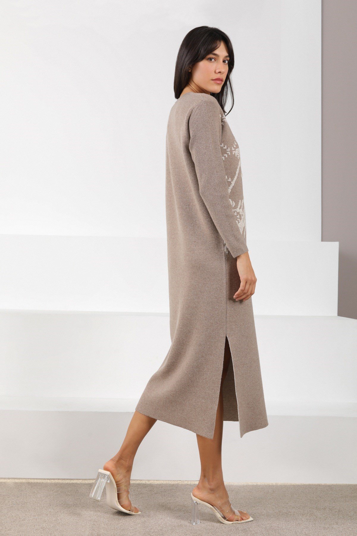 Ferraro Vizon/A.Bej Uzun Kollu Bisiklet Yaka Kaşmirli Kadın Triko Elbise