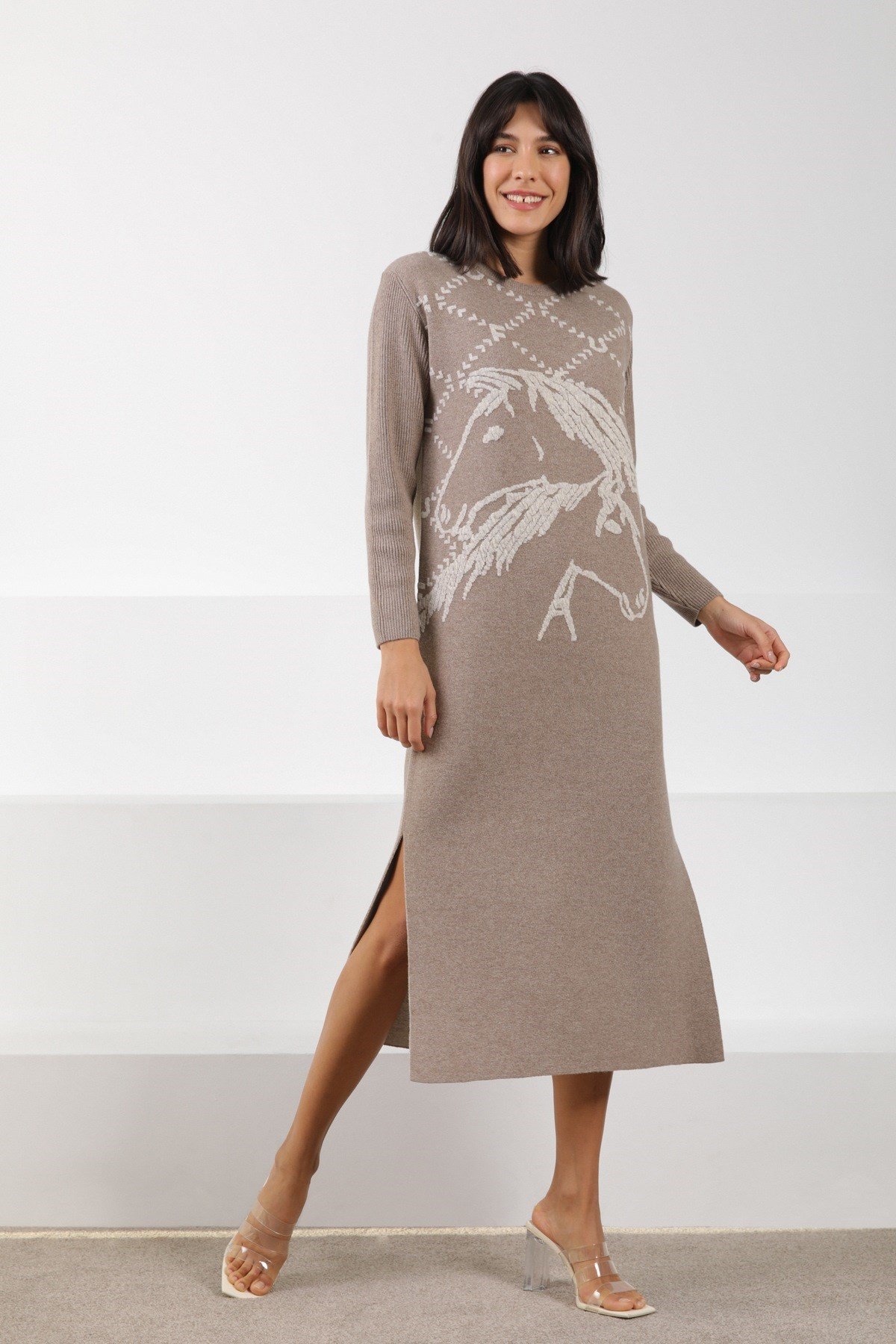 Ferraro Vizon/A.Bej Uzun Kollu Bisiklet Yaka Kaşmirli Kadın Triko Elbise