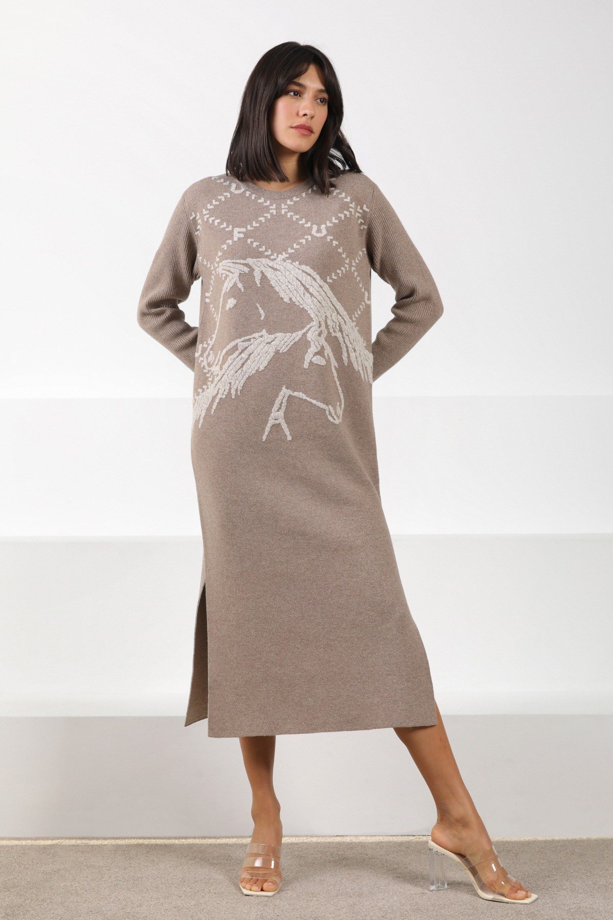 Ferraro Vizon/A.Bej Uzun Kollu Bisiklet Yaka Kaşmirli Kadın Triko Elbise