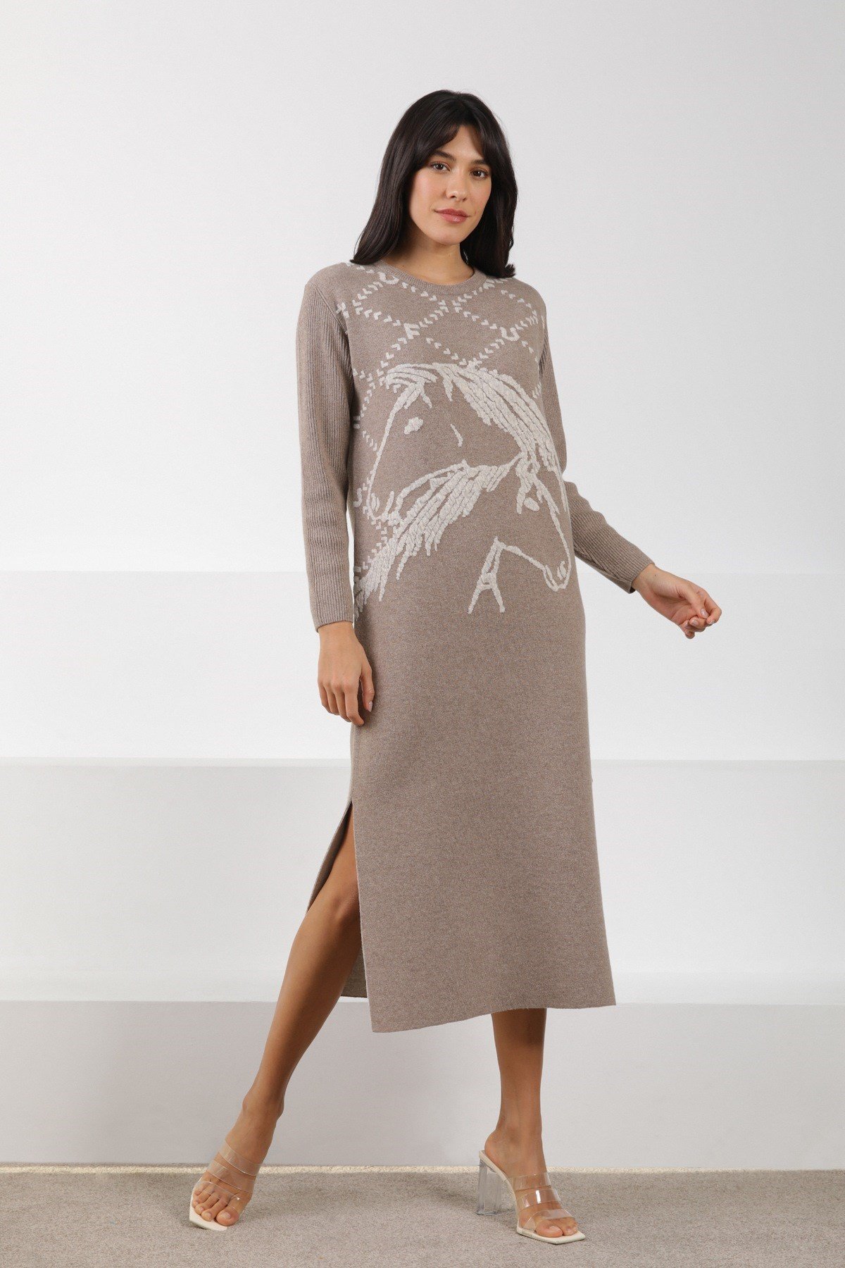 Ferraro Vizon/A.Bej Uzun Kollu Bisiklet Yaka Kaşmirli Kadın Triko Elbise