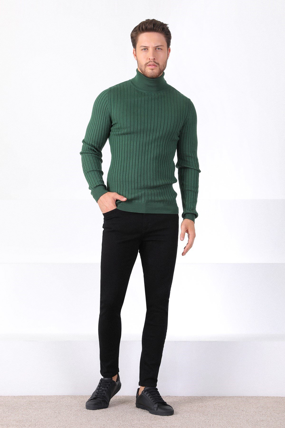 Ferraro Yeşil Balıkçı Yaka Fitilli Erkek Kazak