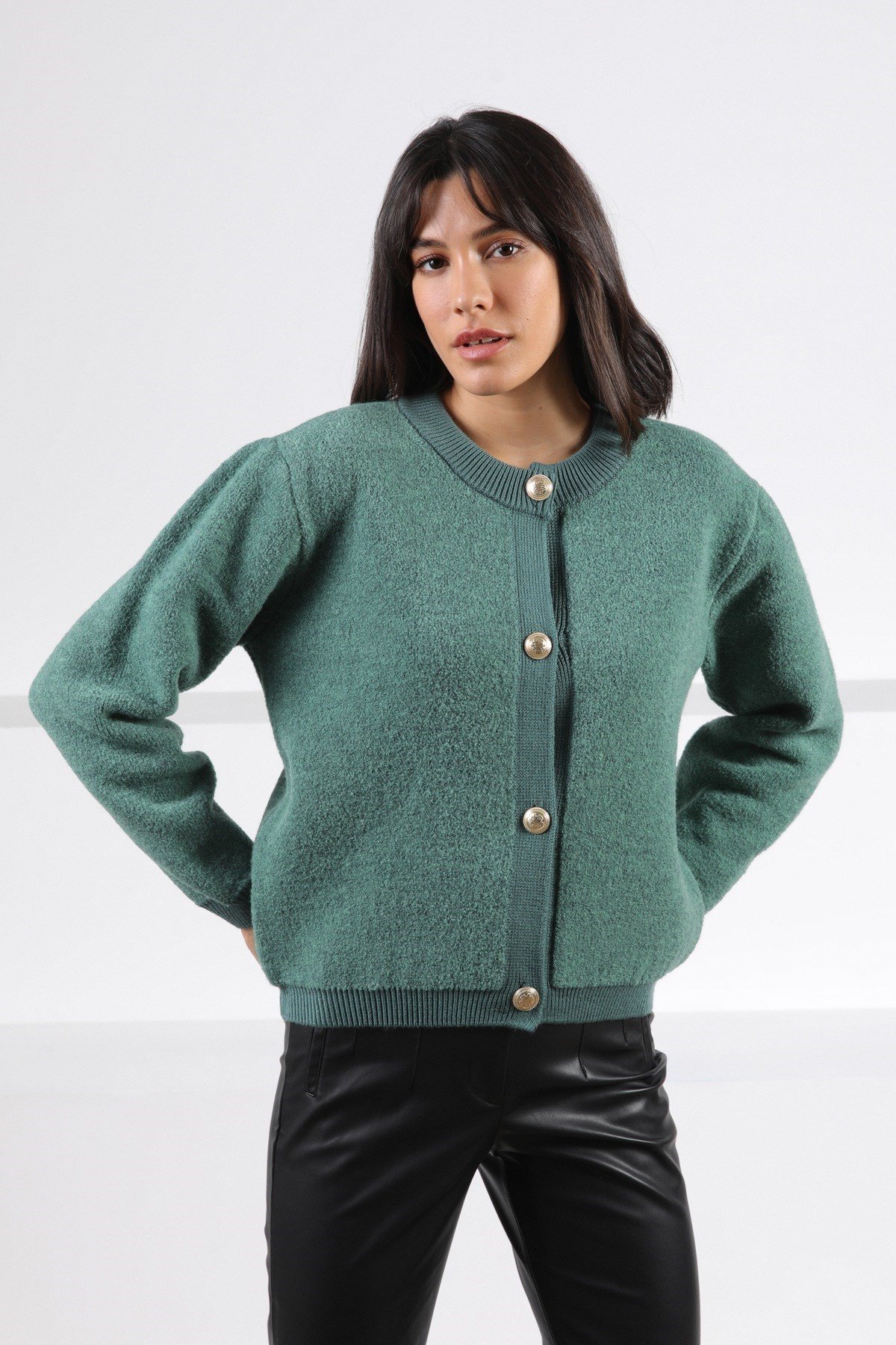 Ferraro Yeşil Düğmeli Buklet Kadın Triko Hırka