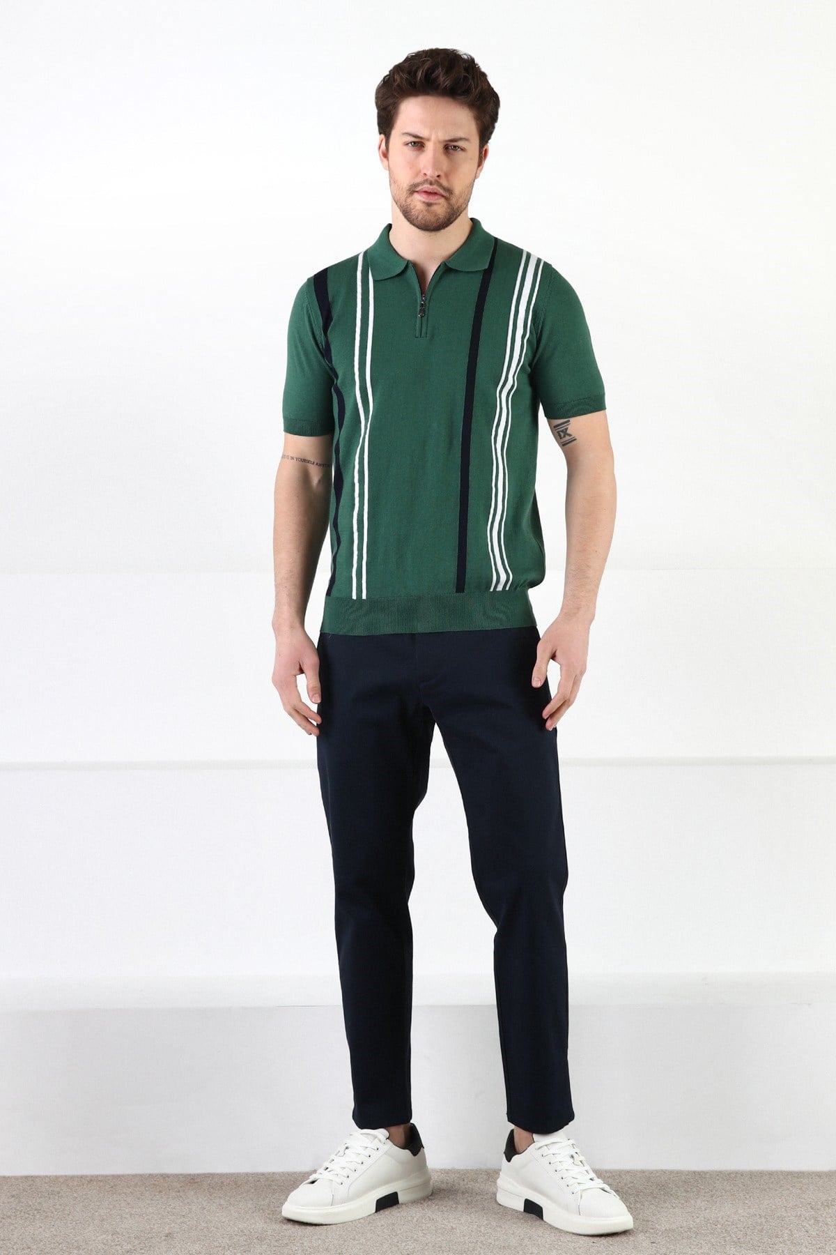 Ferraro Yeşil Fermuarlı Polo Yaka %100 Pamuk Erkek Triko T-Shirt