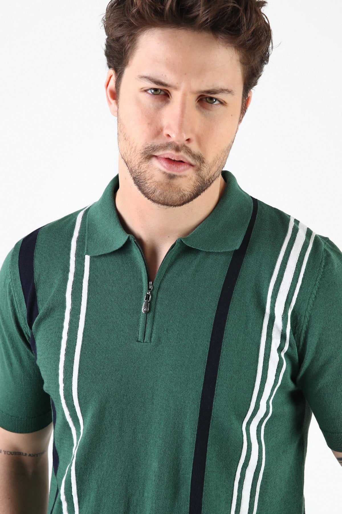 Ferraro Yeşil Fermuarlı Polo Yaka %100 Pamuk Erkek Triko T-Shirt