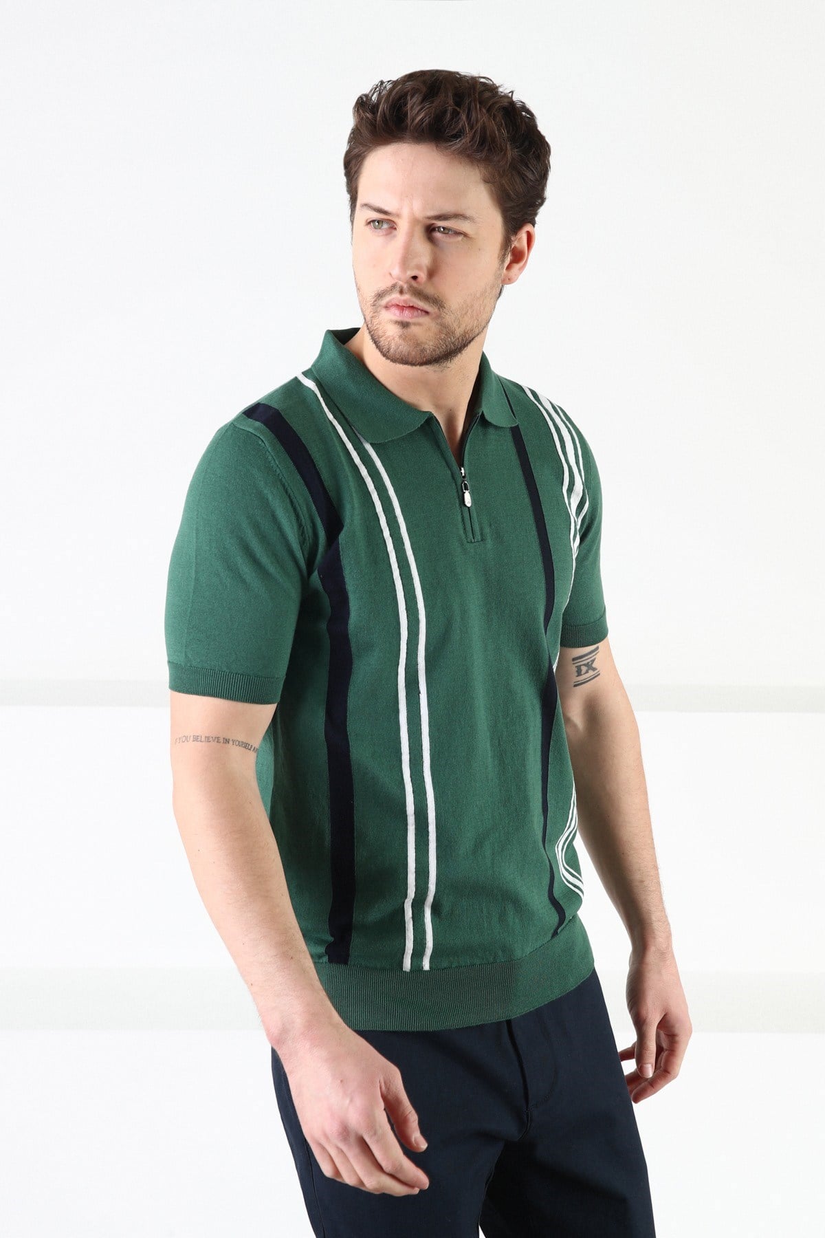 Ferraro Yeşil Fermuarlı Polo Yaka %100 Pamuk Erkek Triko T-Shirt