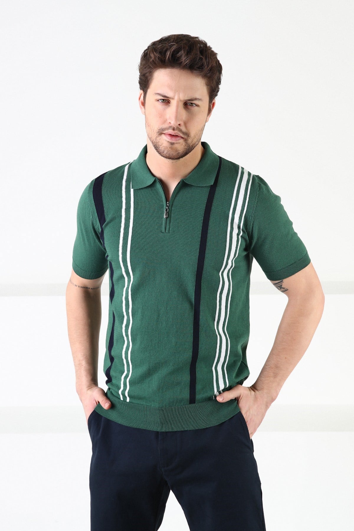 Ferraro Yeşil Fermuarlı Polo Yaka %100 Pamuk Erkek Triko T-Shirt