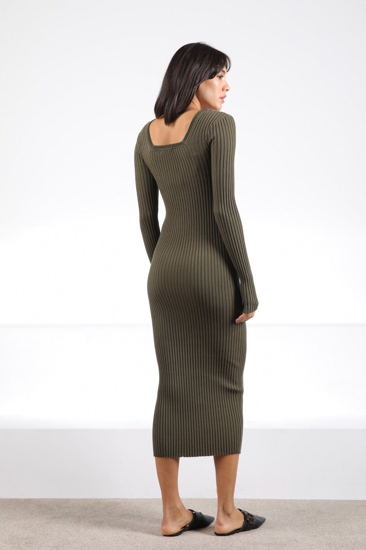 Ferraro Yeşil Pencere Yaka Kadın Triko Elbise