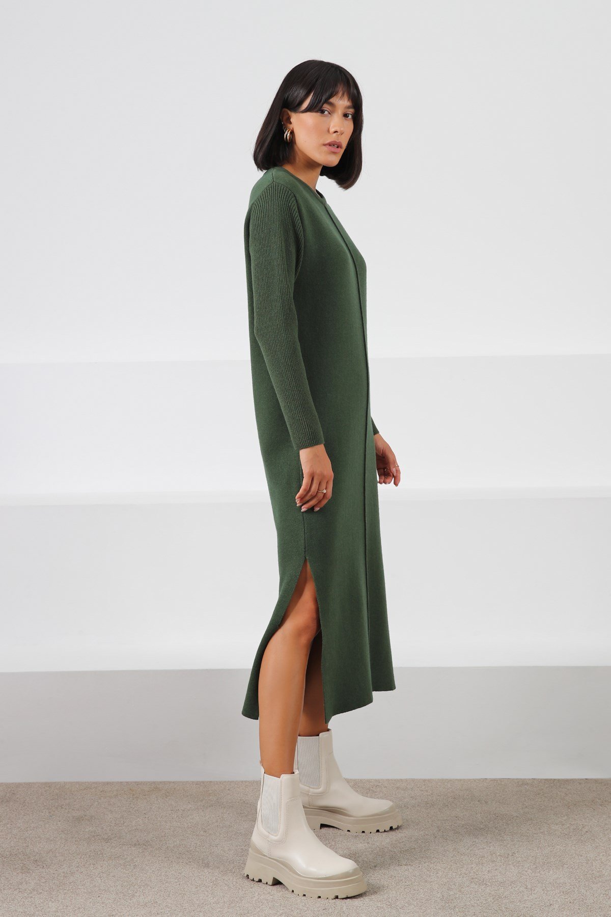 Ferraro Yeşil Yandan Yırtmaçlı Midi Boy Kaşmirli Kadın Triko Elbise