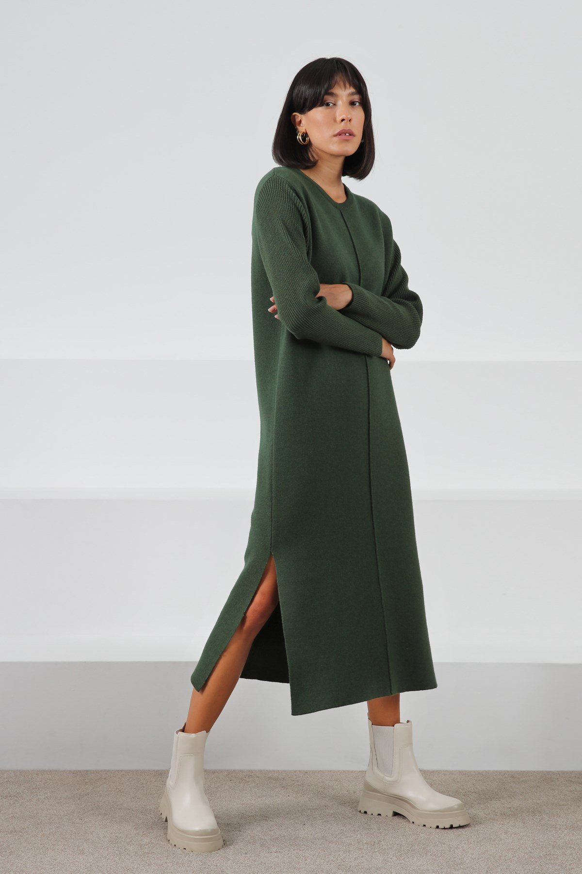 Ferraro Yeşil Yandan Yırtmaçlı Midi Boy Kaşmirli Kadın Triko Elbise