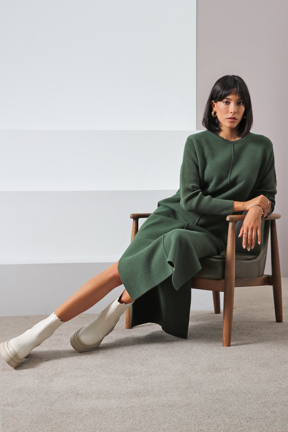 Ferraro Yeşil Yandan Yırtmaçlı Midi Boy Kaşmirli Kadın Triko Elbise