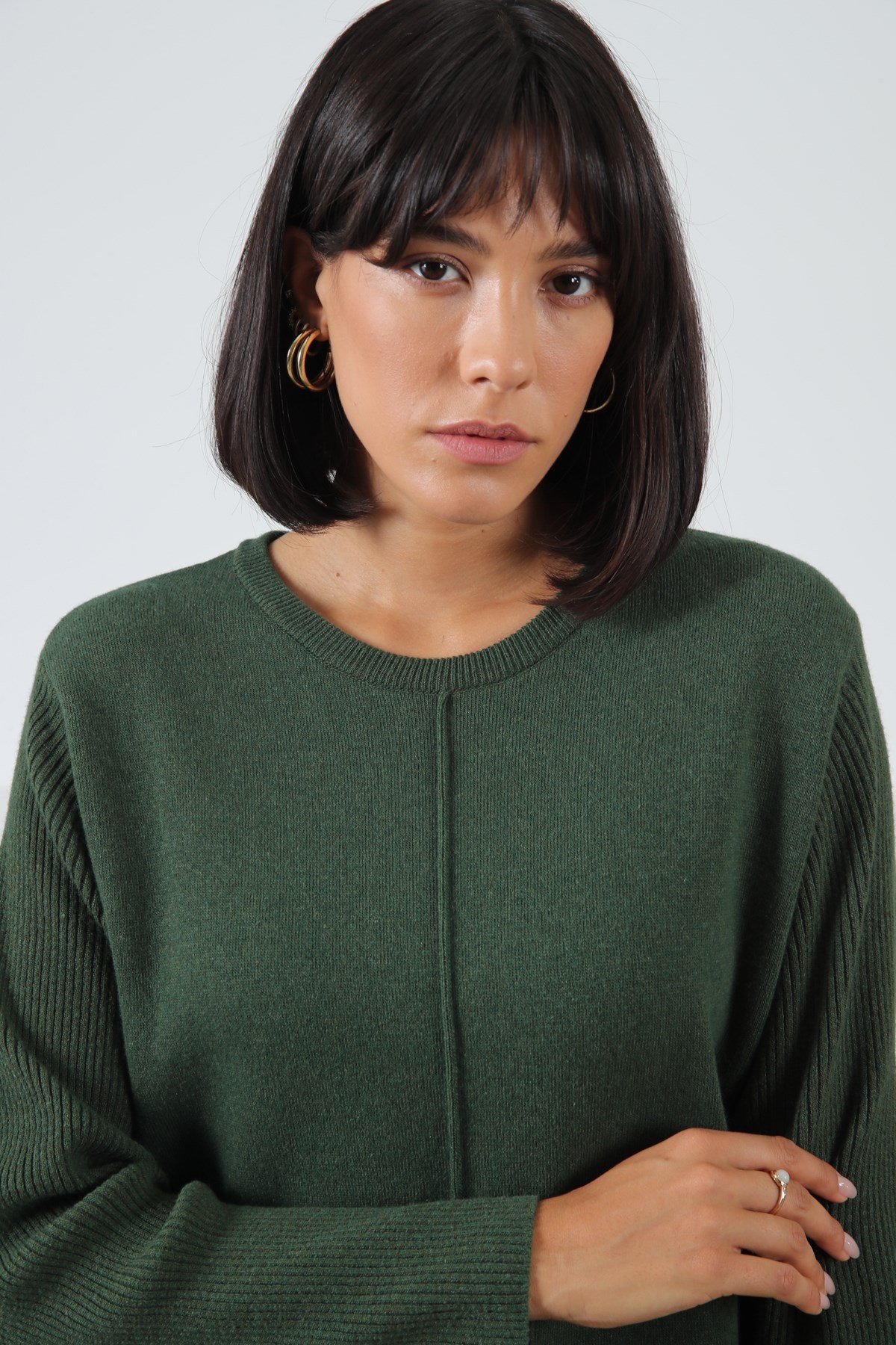 Ferraro Yeşil Yandan Yırtmaçlı Midi Boy Kaşmirli Kadın Triko Elbise