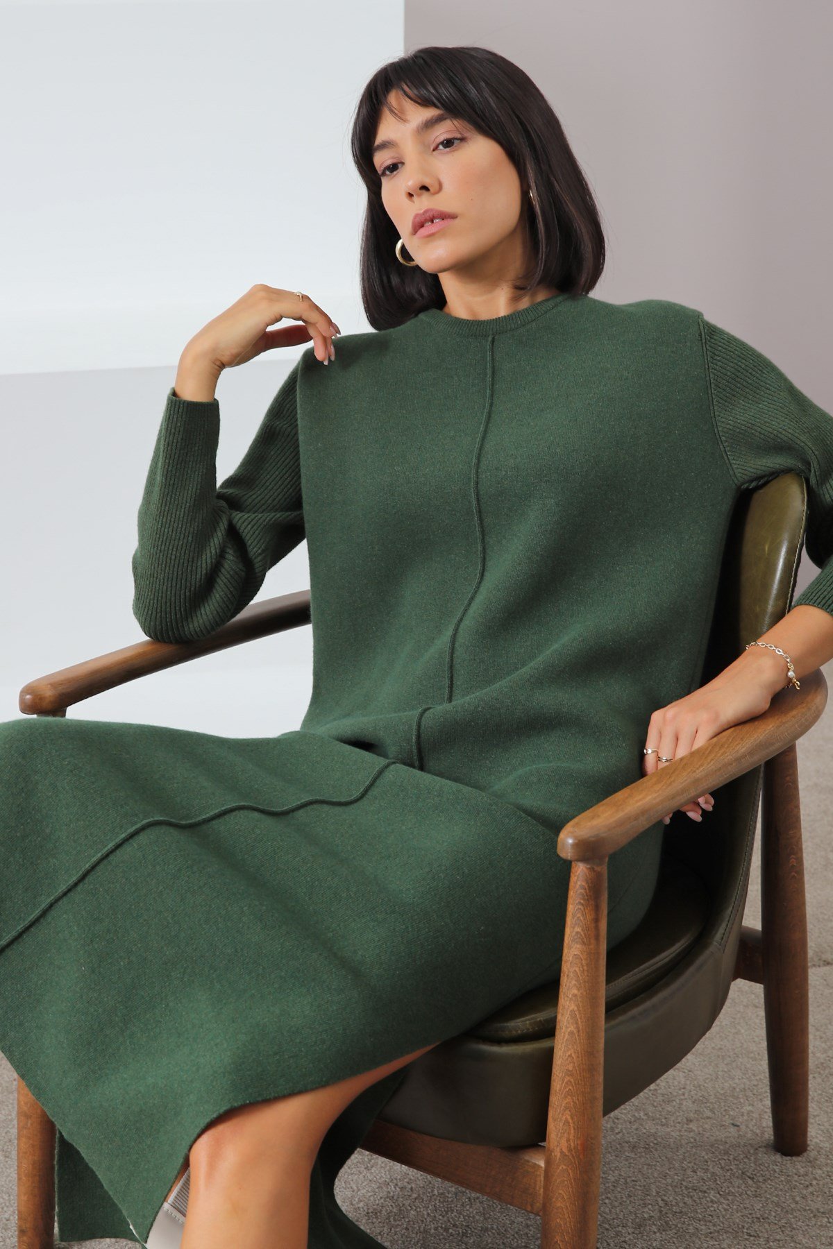 Ferraro Yeşil Yandan Yırtmaçlı Midi Boy Kaşmirli Kadın Triko Elbise