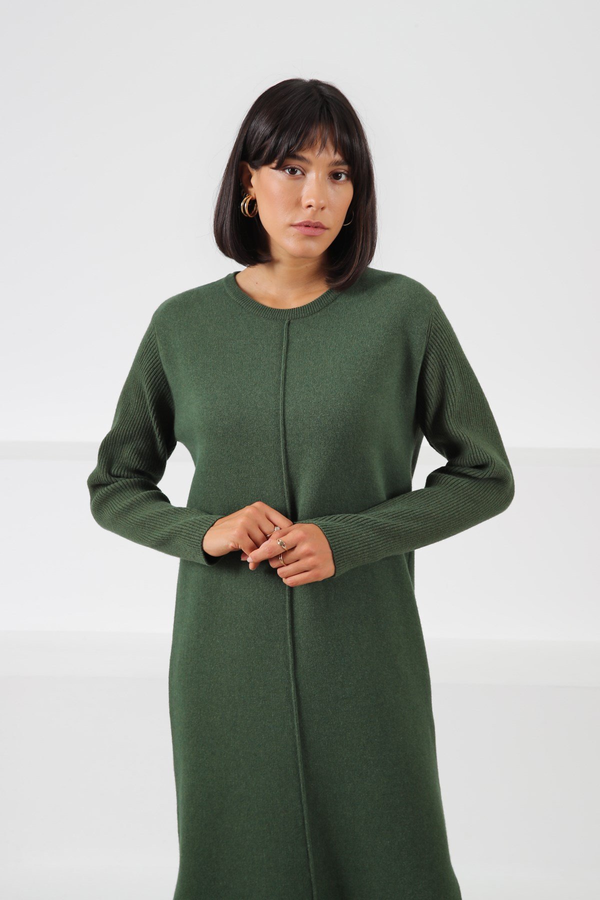 Ferraro Yeşil Yandan Yırtmaçlı Midi Boy Kaşmirli Kadın Triko Elbise