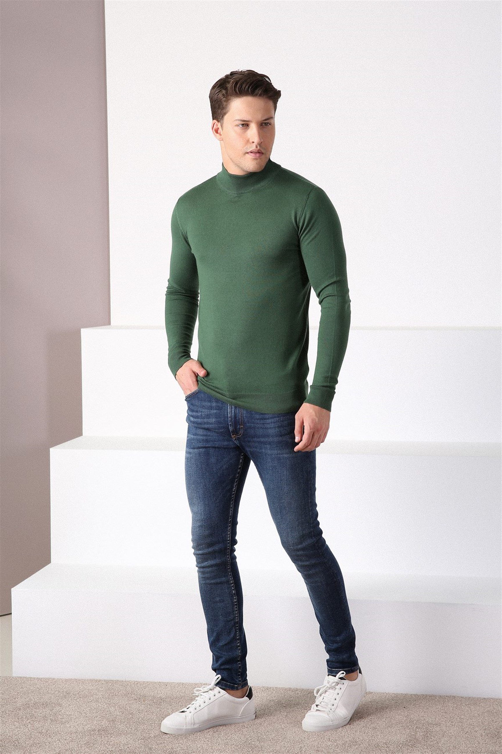 Ferraro Yeşil Yarım Balıkçı Yaka Erkek Pamuk Kazak