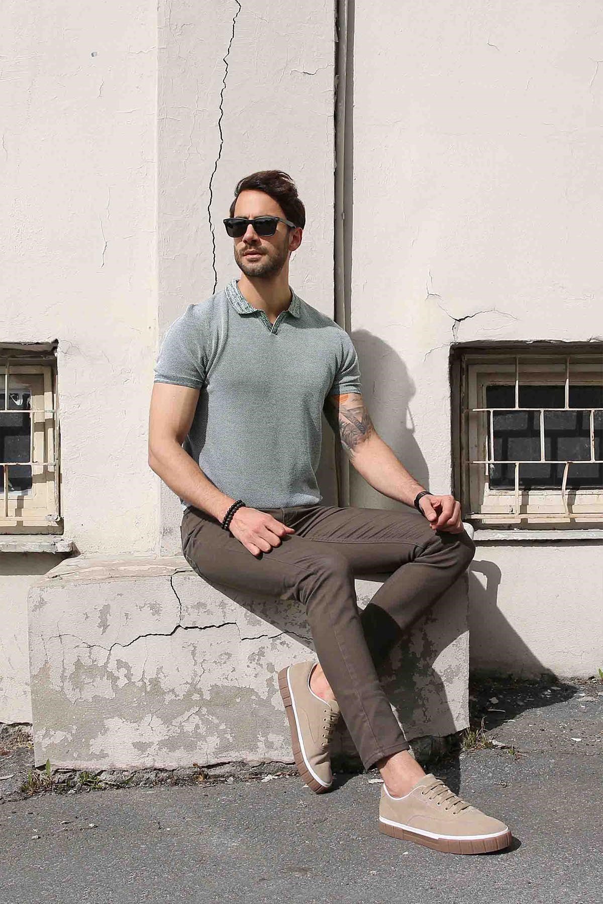 Ferraro Yeşil/Ekru Kuşgözü Desenli Polo Yaka Erkek Triko T-Shirt