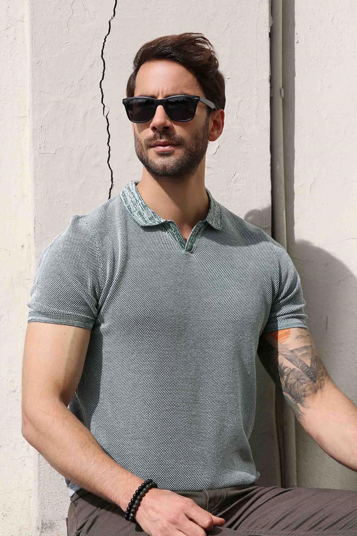 Ferraro Yeşil/Ekru Kuşgözü Desenli Polo Yaka Erkek Triko T-Shirt