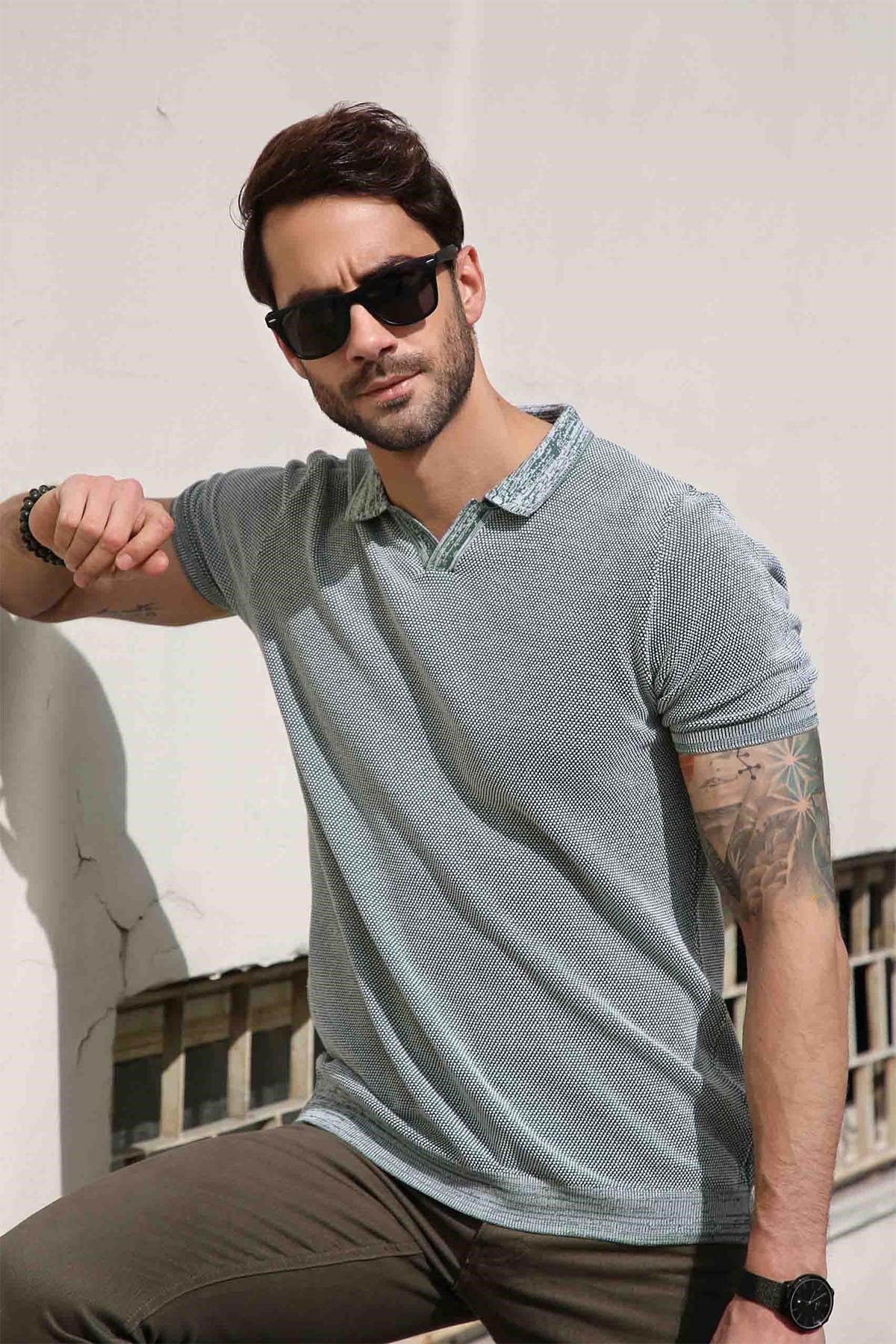 Ferraro Yeşil/Ekru Kuşgözü Desenli Polo Yaka Erkek Triko T-Shirt