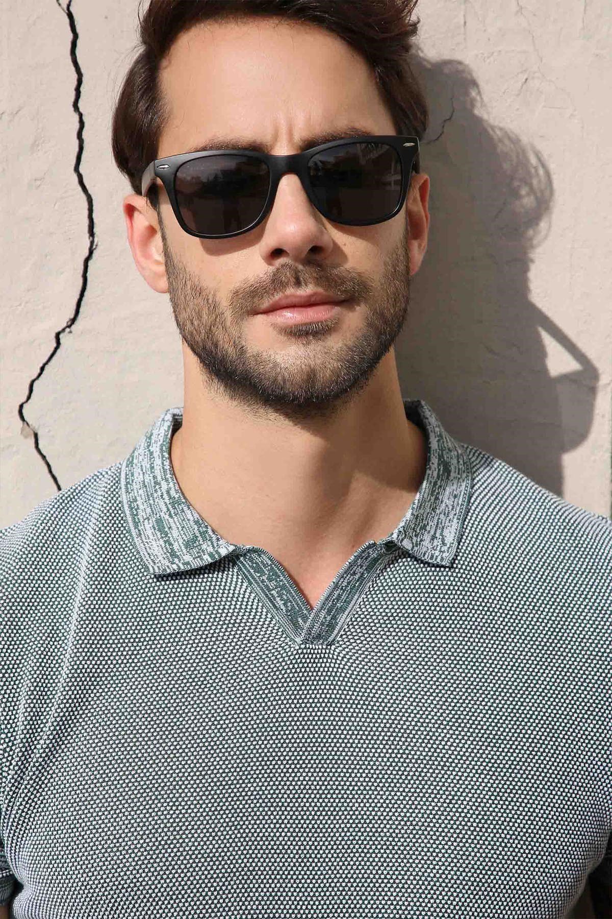 Ferraro Yeşil/Ekru Kuşgözü Desenli Polo Yaka Erkek Triko T-Shirt