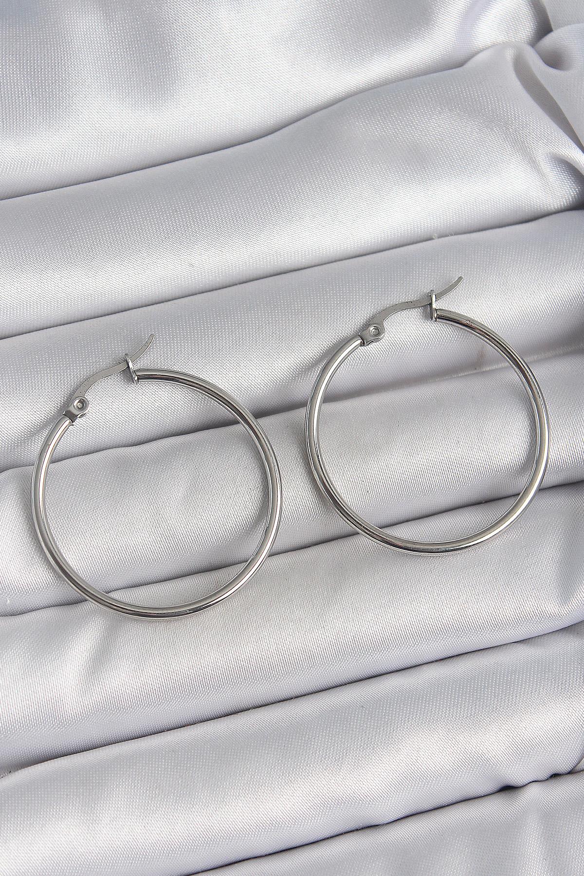 316 Çelik Gümüş Renk 33 mm Halka Model Kadın Küpe