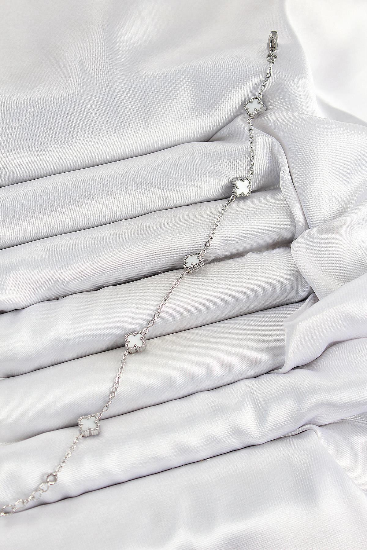 316L Çelik Beyaz Sedef Yonca Model Gümüş Renk Kadın Bileklik