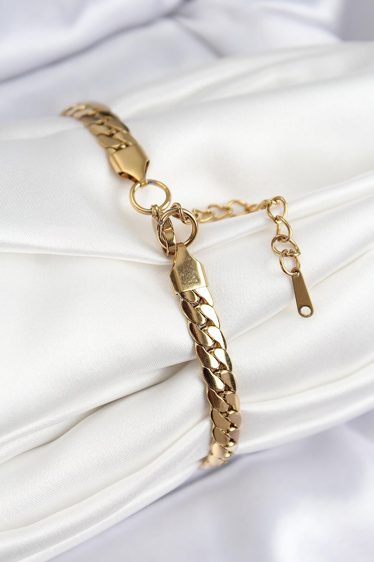 316L Çelik Ezme Zincir Model Gold Renk Kadın Bileklik